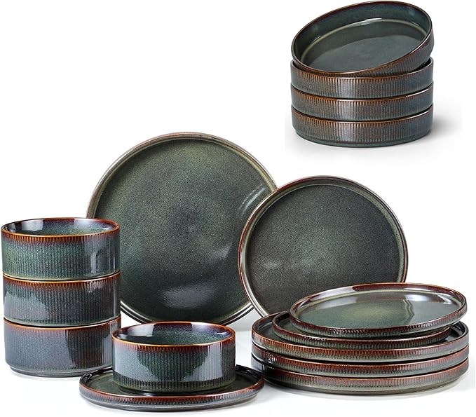 E-far 12-Piece Plates and Bowls Sets and 35oz Pasta Bowls Set of 4 bundle Stoneware Dinnerware Dishes Sets for 4 Kitchen Modern Dining Dishware Bowl Plate Blackish Green