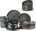 E-far 12-Piece Plates and Bowls Sets and 35oz Pasta Bowls Set of 4 bundle Stoneware Dinnerware Dishes Sets for 4 Kitchen Modern Dining Dishware Bowl Plate Blackish Green