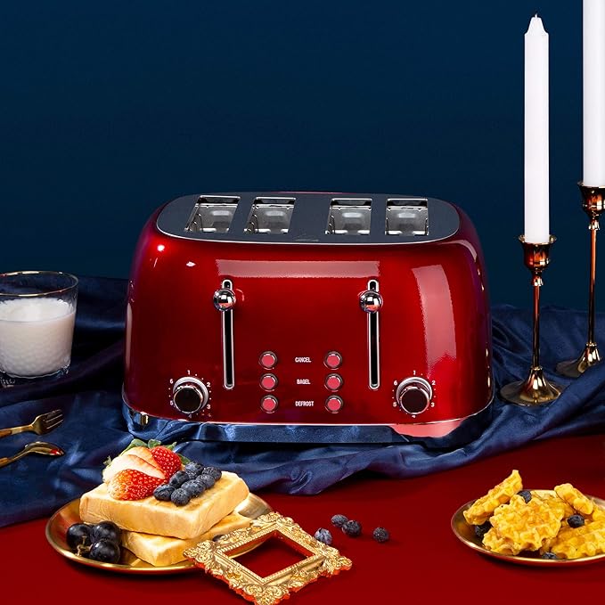 Roter Mond 4 Slice Toaster Retro Stainless Steel with Bagel Defrost Cancel Function 6 Browning Settings Extre Wide Slot and Removable Crumb Tray Red ST033