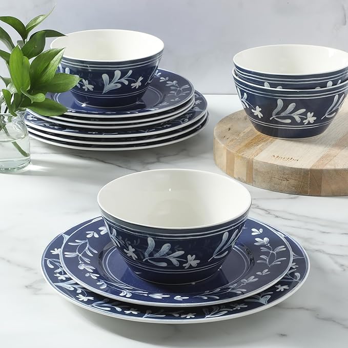 Martha Stewart Maiden Crown 12-Piece Sky Blue Dinnerware Set – New Bone China Ceramic Plates &amp Bowls – Floral Design – Service for 4 – Microwave &amp Dishwasher Safe
