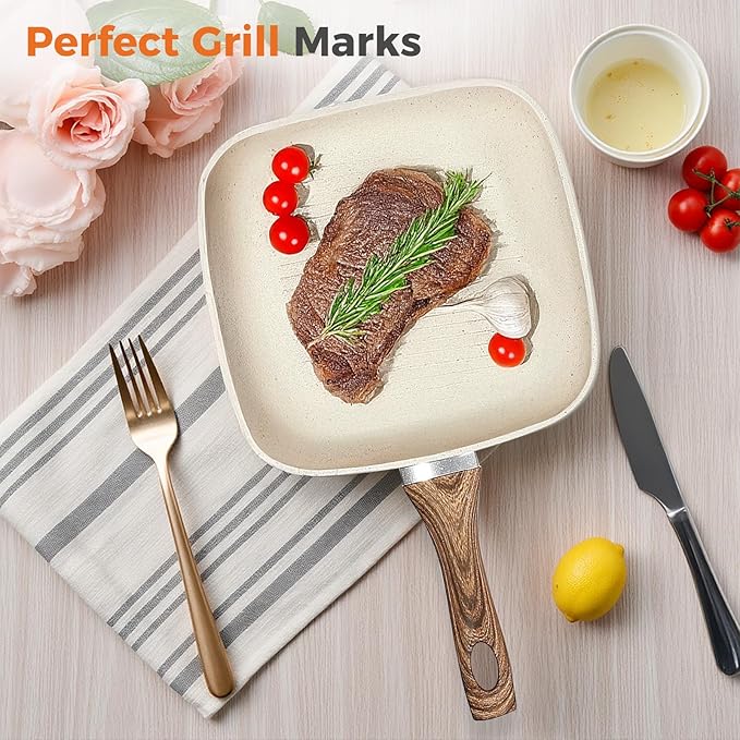 3-Piece Nonstick Grill Pan Set Square Griddle Pans with Wooden Handle Compatible with All Stovetops Ideal for Steak BBQ &amp Vegetables 9.5 10.2 11 Cream White
