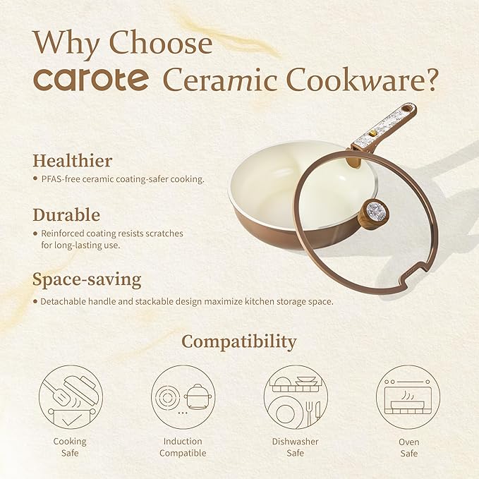 CAROTE 25-Piece Ceramic Cookware Set Nonstick Pots and Pans Set with Detachable Handle Non-Toxic Kitchen Cooking Set Dishwasher &amp Oven Safe Induction Compatible PFAS Free Chocolate