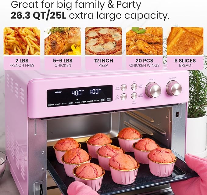 VAL CUCINA Retro Style Infrared Heating Air Fryer Toaster Oven Extra Large Countertop Convection Oven 10-in-1 Combo 6-Slice Toast Enamel Baking Pan Easy Clean with Recipe Book Classic Pink Color
