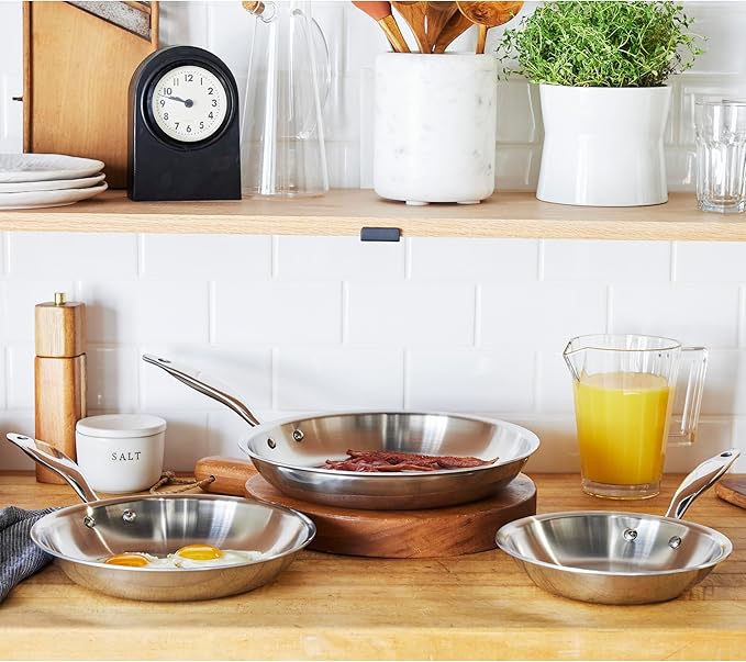 Heritage Steel 3 Piece Fry Pan Set | Made In USA | Titanium Series | 316Ti Skillet with Stay Cool Handle | Fully Clad Stainless Steel Pan with 5-Ply Construction | Induction Ready &amp Non Toxic
