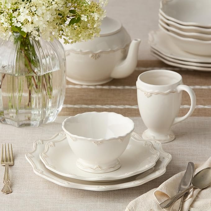 Heritage Beads 16pc Stoneware Dinnerware Set – Classic Cream White Plates Bowls &amp Mugs with Raised Bead Accents – Elegant Vintage-Inspired Tableware Service for 4 Dishwasher Safe