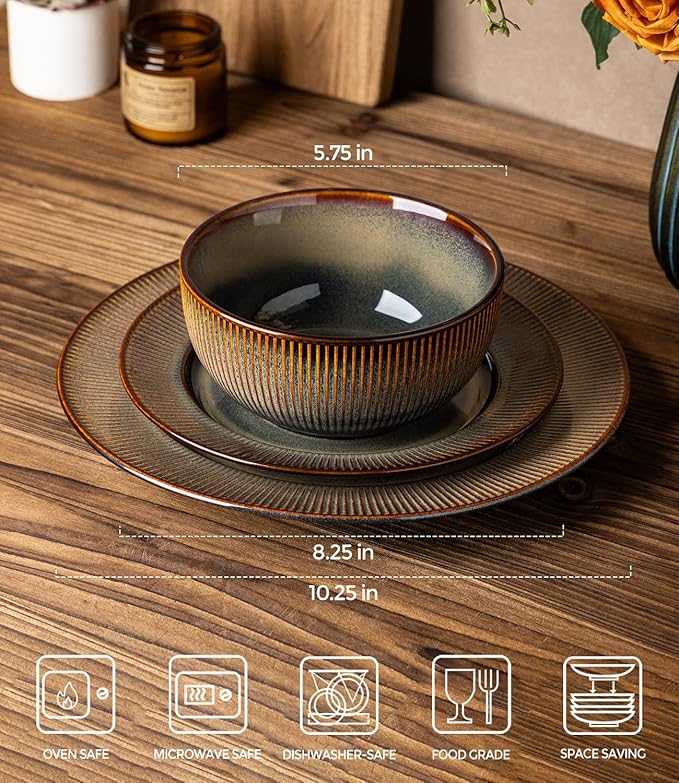 TheTerra Stoneware Dinnerware Sets for 4 12 Pieces Ceramic Plates and Bowls Sets Scratch Resistant Embossed Dish Set Oven Microwave &amp Dishwasher Safe Coca Mocha