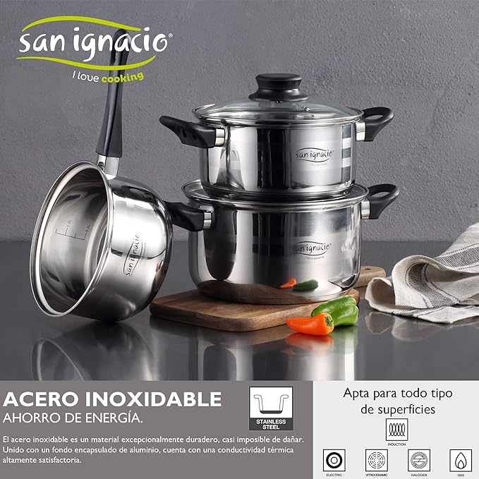San Ignacio 5-Piece Stainless Steel Cookware Set with Green Neon Frying Pan Set (22 and 26 cm) in Forged Aluminium Suitable for Induction