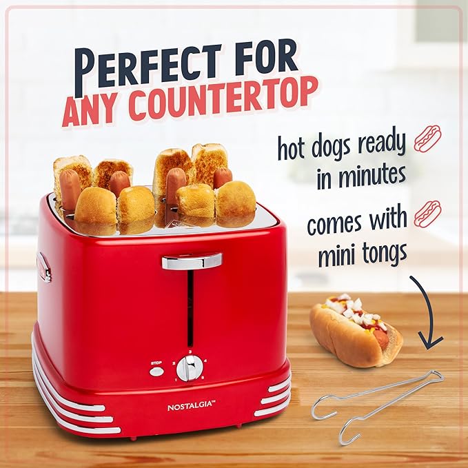 Nostalgia 4 Slot Hot Dog and Bun Toaster with Mini Tongs Hot Dog Toaster Works with Chicken Turkey Veggie Links Sausages and Brats Metallic Red