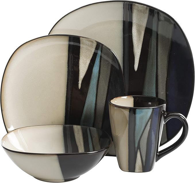 Gibson Elite Althea 16-Piece Teal Reactive Glaze Dinnerware Set – Service for 4 Durable Stoneware Plates and Bowls