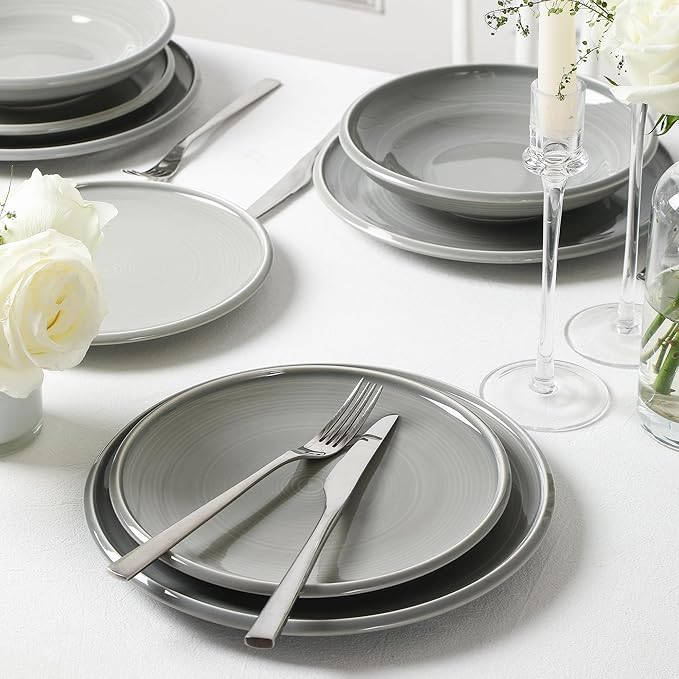 Earth &amp Clay Harmony 24-Piece Dinnerware Set Stoneware Plates and Bowls Set Includes Dinner and Salad Plates Cereal Bowls Dishwasher and Microwave Safe Dishes for 8 Grey