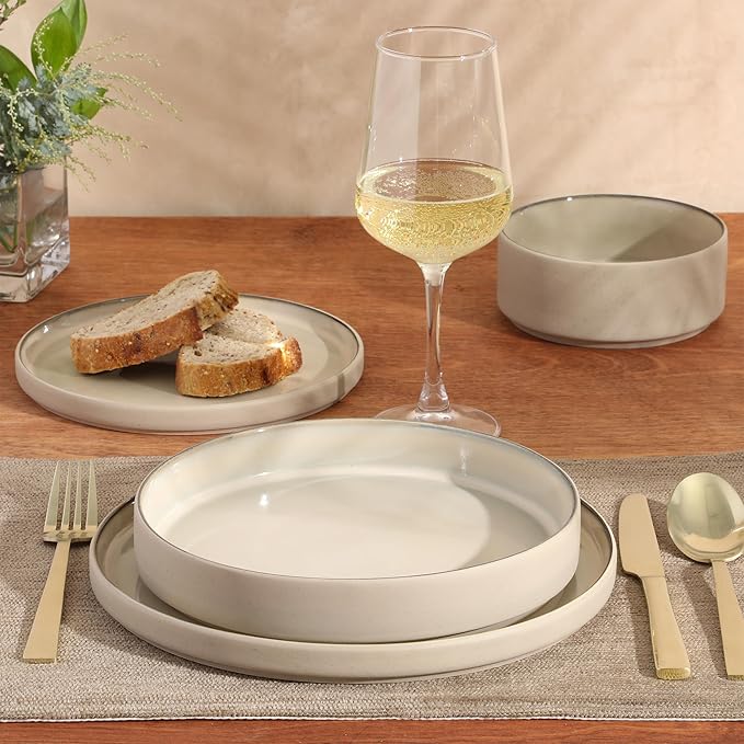 Gibson Elite Liberty Bay 16-Piece Pottery Clay Stoneware Dinnerware Set – Taupe Reactive Glaze Stackable Plates and Bowls W/Pasta Bowl Service for 4 – Microwave &amp Dishwasher Safe