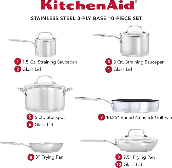 KitchenAid 3-Ply Base Brushed Stainless Steel Induction Pots and Pans Set with Nonstick Round Grill Pan and Lids Dishwasher Safe 10 Piece Cookware Set Brushed Stainless Steel