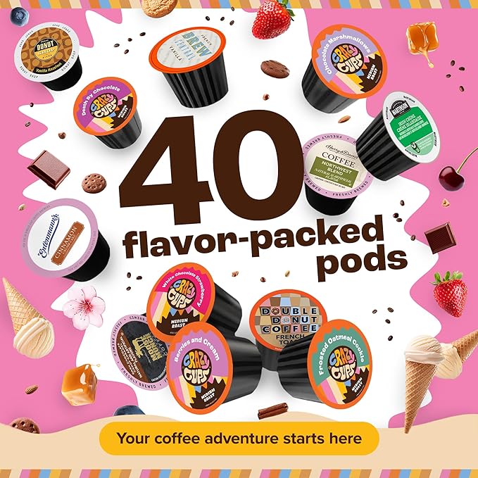 Crazy Cups Flavored Coffee Pods Variety Pack for Keurig K Cups Brewers Assorted Flavored Coffee Sampler 40 Count