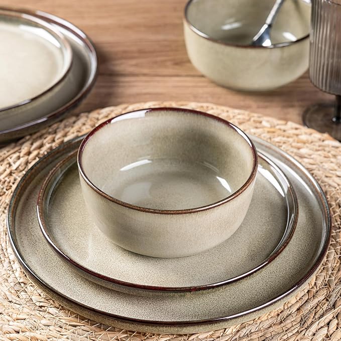 GBHOME Ceramic Dinnerware Sets for 4 12 Pieces Stoneware Plates and Bowls Sets Scratch Resistant Dishes Dishwasher &amp Microwave Safe Reactive Glaze