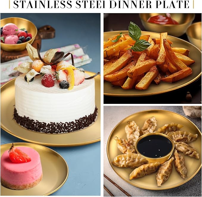 Layhit 18 Pcs Gold Stainless Steel Dinnerware Set 10'' Metal Gold Dinner Plates 8'' Thickened Dinner Dishes 3.5'' Sauce Bowls Stackable Dishware for Kitchen BBQ Party Picnic Service for 6