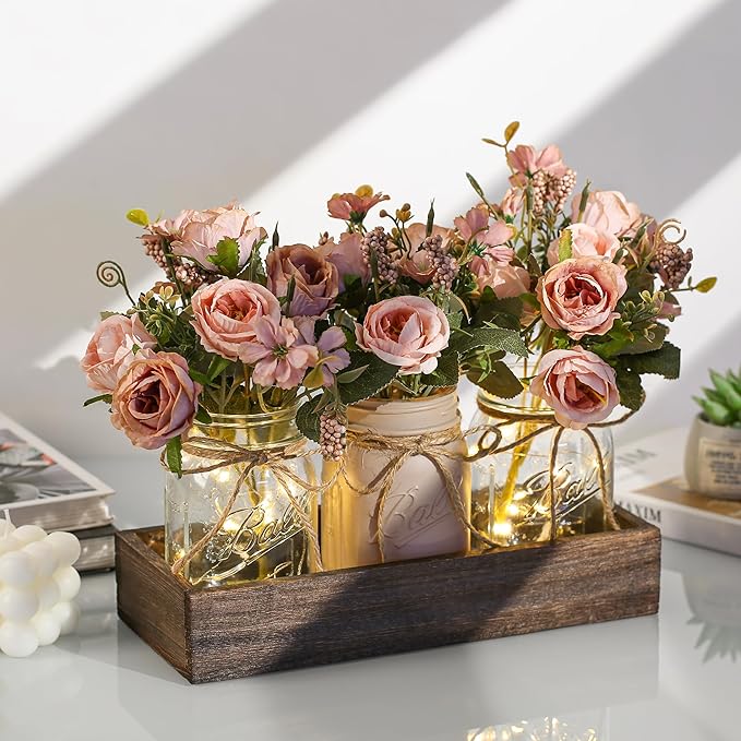 3 Pcs Mason Jar Centerpiece Table Decorations for Dining Table Decor Farmhouse Coffee Table Decor with Wood Tray and Led Light Table Centerpieces for Dining Room Kitchen Living BathroomPink
