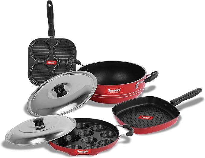 Sumeet 2.6mm Thick Non-Stick Hiri Cookware set (Mini Multi Snack Maker – 19.5cm + Kadhai With Lid – 220cm Dia + Grill Appam Patra with Lid – 23cm Dia + Grill Pan – 1.1Ltr Capacity-22cm-Dia
