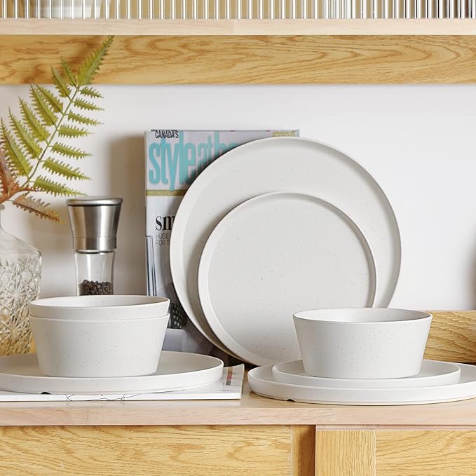 FINE&ampNICE 12PCS Melamine Dinnerware Sets Outdoor Dinnerware Sets for 4Durable Camper DinerwareLightweight Dishwasher Safe and BPA Free(Spotty White)