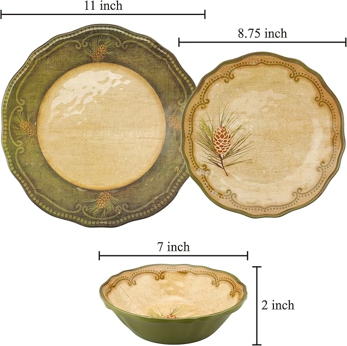 UPware 12 Piece Woodland Pinecone Melamine Dinnerware Sets Outdoor Dishes Set Plates and Bowls Sets Service for 4 Dark Green