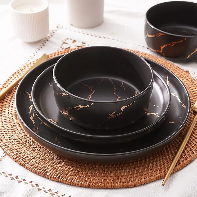 Black Gold Splash Dinnerware Sets Marble Porcelain Plates and Bowls Sets Modern Luxury Dish Set for 4 12 Pieces Fine China Plates Set for Formal Dinners and Anniversaries