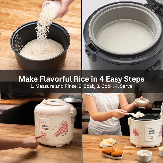 Tiger JAZ-A10U-LF 5.5 Cup Capacity White Rice Cooker with Non-Stick Inner Pot Retractable Power Cord and Keep Warm up to 12 hours (Flower)