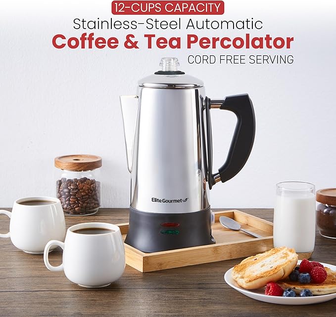 Elite Gourmet EC924 Electric Coffee Percolator BPA Free Keep Warm Clear Brew Progress Knob Cool-Touch Handle Cordless Serve 12-Cup Stainless Steel