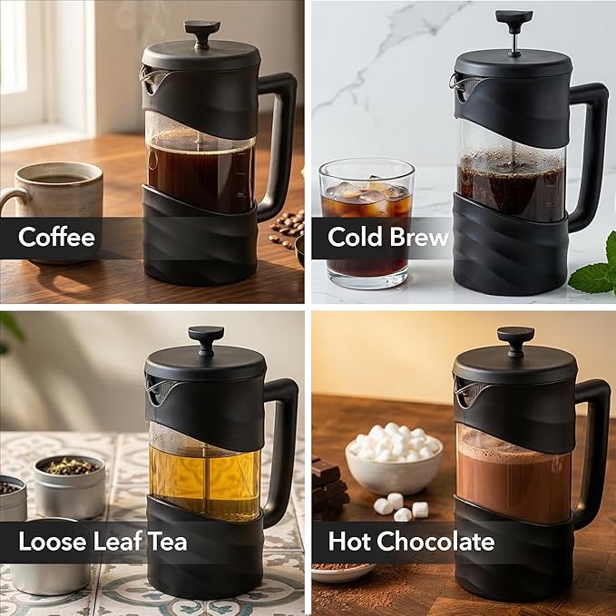 OVENTE French Press Coffee Maker 34 Ounce with Heat Resistant Borosilicate Glass &amp Stainless Steel 4-Level Filtration System Portable Cold Brew Coffee Maker for Travel Camping or Gift Black FPW