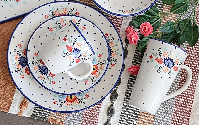 Blue Rose Polish Pottery - Red Desert Flower 16 Piece Dinner Set - 4 Place Settings - Great for Everyday Dining Casual Dining or as Formal Dinnerware