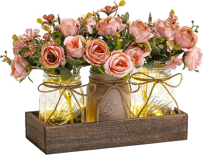 3 Pcs Mason Jar Centerpiece Table Decorations for Dining Table Decor Farmhouse Coffee Table Decor with Wood Tray and Led Light Table Centerpieces for Dining Room Kitchen Living BathroomPink