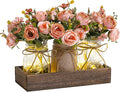 3 Pcs Mason Jar Centerpiece Table Decorations for Dining Table Decor Farmhouse Coffee Table Decor with Wood Tray and Led Light Table Centerpieces for Dining Room Kitchen Living BathroomPink
