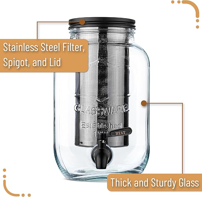 BTaT- 1 Gallon Cold Brew Coffee Maker Thick Glass Pitcher with Stainless Steel Filter Lid &amp Spigot Iced Coffee &amp Sun Tea Brewer Large Mason Jar Cold Brew Container Fast Iced Tea Maker for