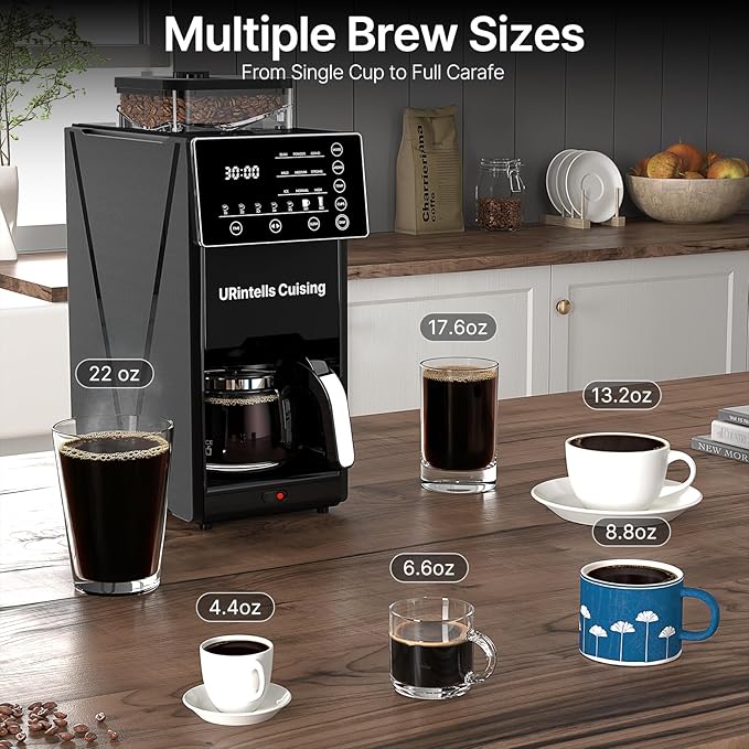 Coffee Maker with Grinder 22OZ Drip Coffee Maker with Glass Carafe and Removable Filter Programmable Hot and Cold Bean to Cup Coffee Machine with Timer Auto Shut Off