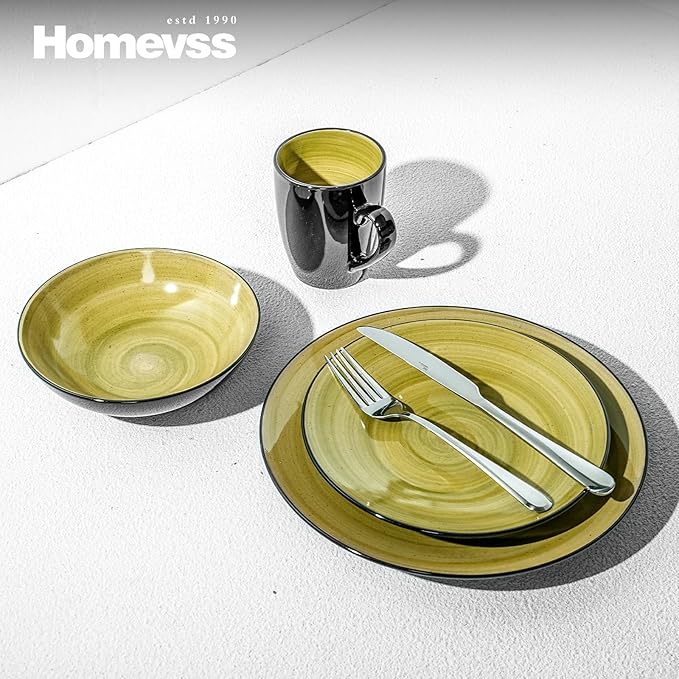 Sonoma 16 Piece Stoneware Dinner Set Outside Black + Inside Handpainted Color Green with Black speckle