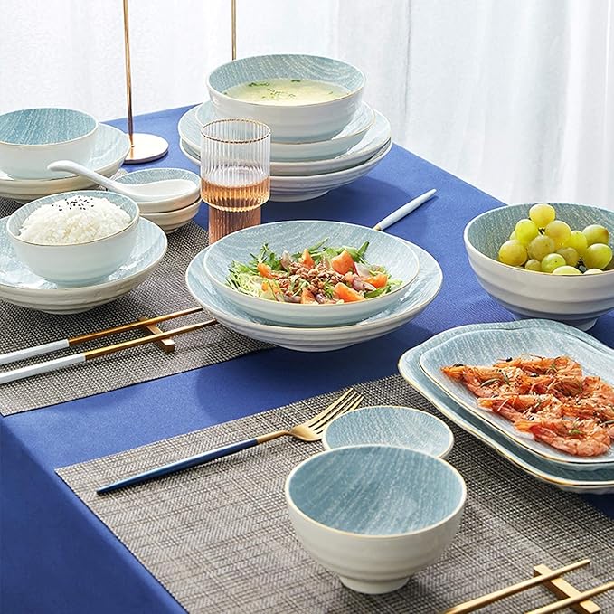 Ceramics Dinner Sets 50 Pieces Light Blue Dinnerware Set - Japanese-Style Porcelain Cereal Bowl and Steak Plate Set for Family Gathering and Restaurant