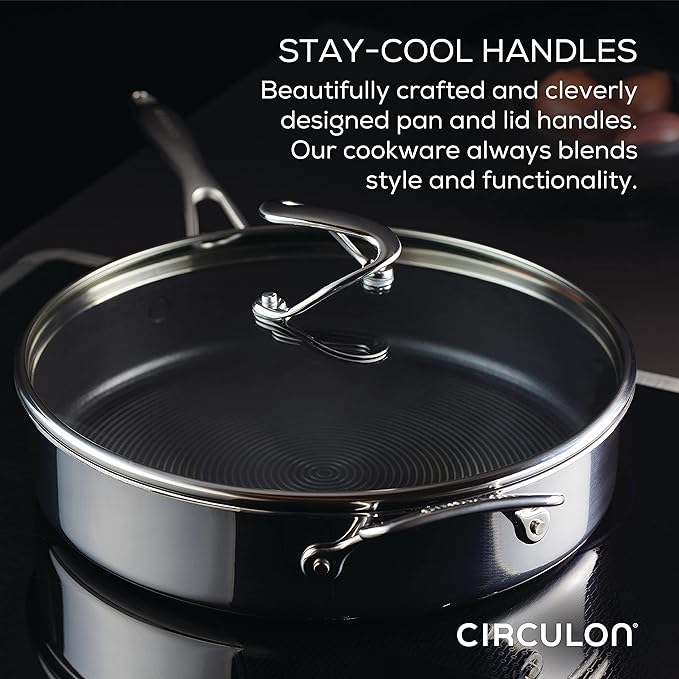Circulon Clad Stainless Steel Saute Pan with Lid and Hybrid SteelShield and Nonstick Technology 5 Quart - Silver