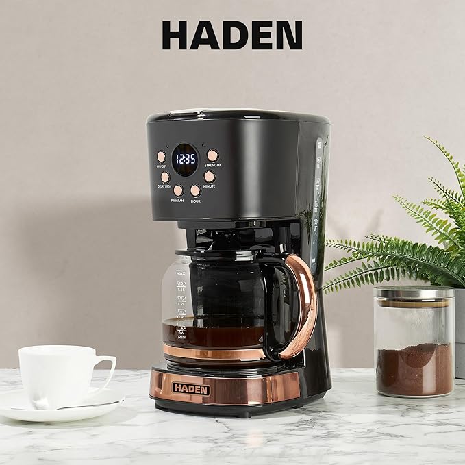 Haden Heritage 4 Slice Wide Slot Stainless Steel Toaster Bundled with 12 Cup Programmable Drip Coffee Maker Coffee Machine Black &amp Copper