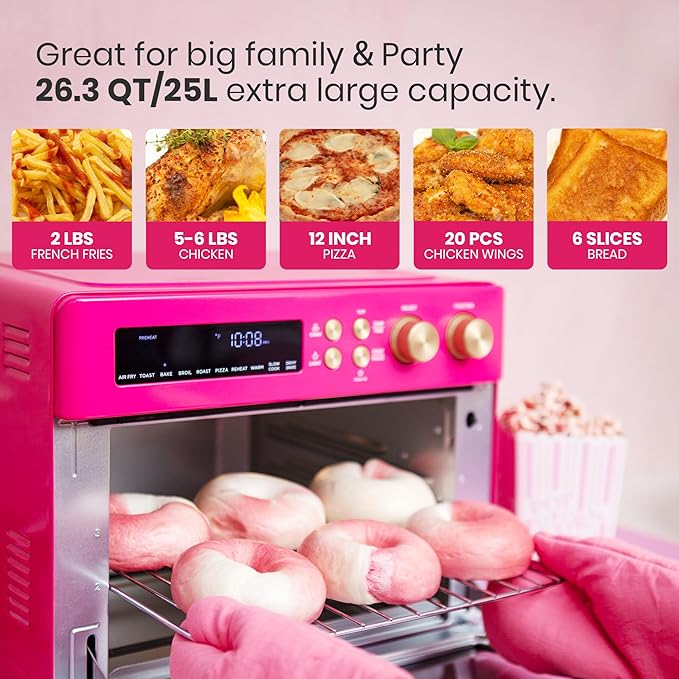 VAL CUCINA Limited Edition Happy Pink Infrared Heating Air Fryer Toaster Oven Extra Large Countertop Convection Oven 10-in-1 Combo 6-Slice Toast Enamel Baking Pan Easy Clean with Recipe Book