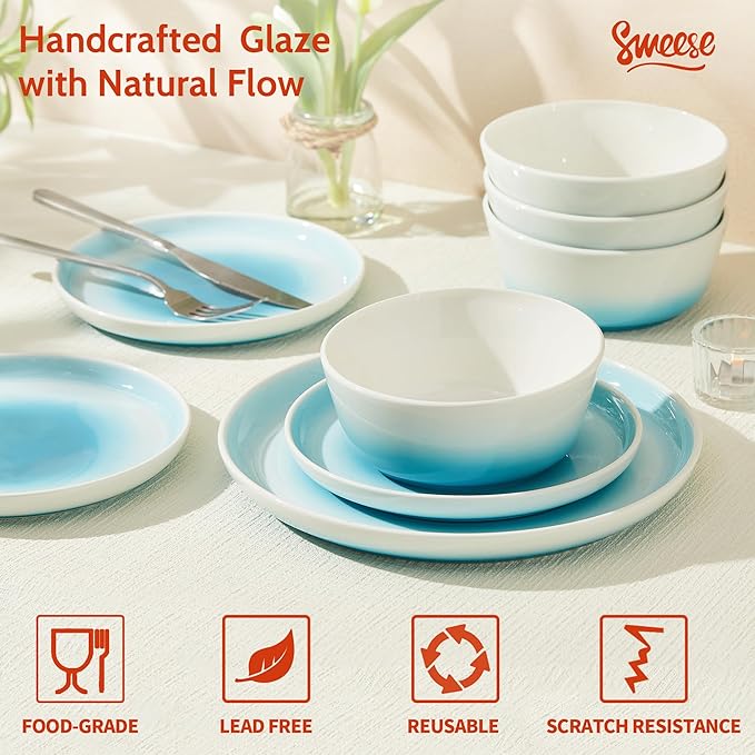 Sweese Porcelain Dinnerware Sets Handpainted Plates and Bowls Set for 6 Scratch Resistant Dinner Set Dishwasher and Oven Microwave Safe Dishes Set Blue