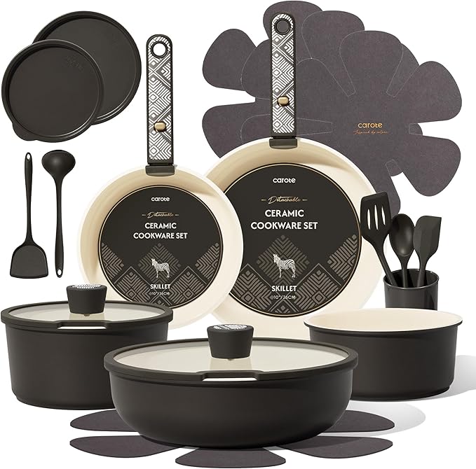 CAROTE 21-Piece Ceramic Cookware Set Nonstick Pots and Pans Set with Detachable Handle Non-Toxic Kitchen Cooking Set Induction Compatible Dishwasher &amp Oven Safe Charcoal