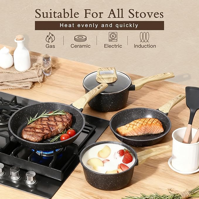 GiPP Ceramic Pots and Pans Set Non Stick - 17 Pcs Nonstick Cookware Set Non-toxic Healthy Kitchen Cooking Set w/Frying Pans Set Dishwasher Safe PFAS PTFE PFOA PFOS Free Dark Gray