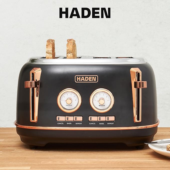 Haden Dorset 4 Slice Wide Slot Stainless Steel Toaster with Adjustable Browning Control &amp Non-Slip Feet Black &amp Copper