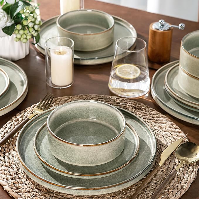 AmorArc 12 pcs Ceramic Dinnerware Sets with 6pcs Coffee mugsHandmade Reactive Glaze Plates and Bowls Sets Dishwasher &amp Microwave Safe Dishes Set Service for 4