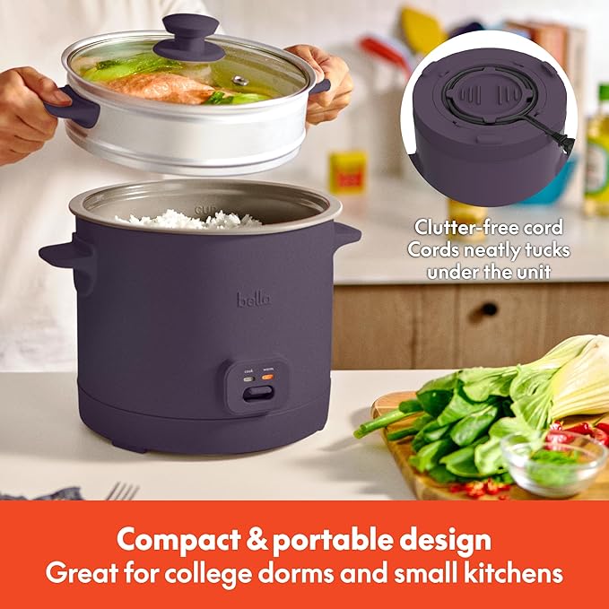 bella 16 Cup Rice Cooker with Steamer Dishwasher Safe Steaming Basket Rice Paddle and Measuring Cup Removable Nonstick Cooking Bowl Automatic Keep Warm Function 400 Watt Plum
