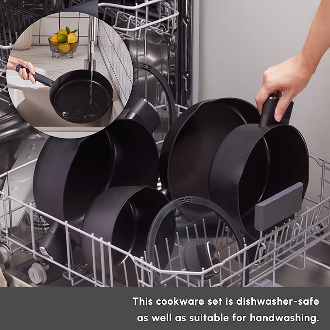 Karaca Swiss Crystal Ceramic Midnight Cookware Set - Non Stick Pots and Pans Set with Lid - PFAS-Free Dishwasher Safe Induction Hob Compatible Cookware Black 6 Piece