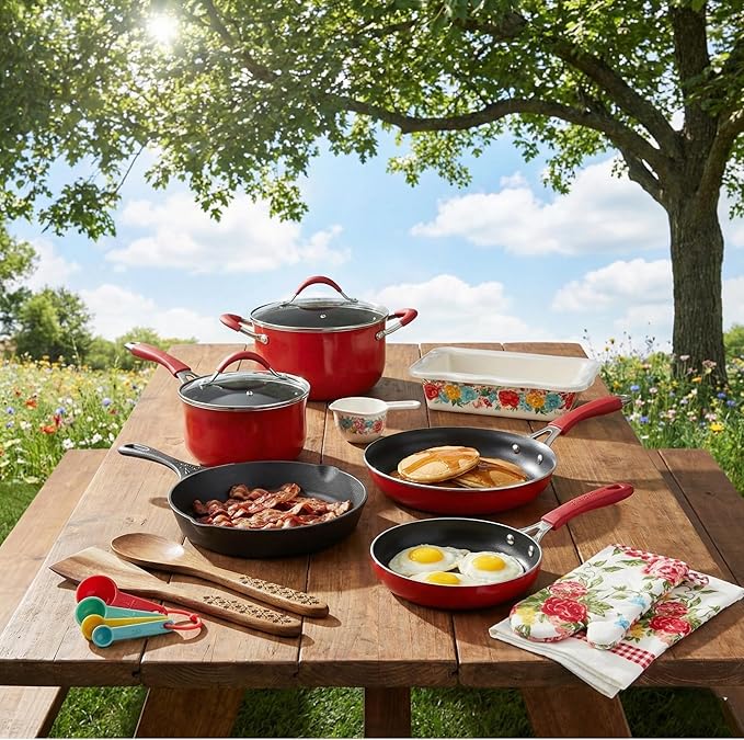 The Pioneer Woman Frontier Speckle Fancy Flourish Cookware and Bakeware Set Aluminum Nonstick 22 Piece Kitchen Tools Red