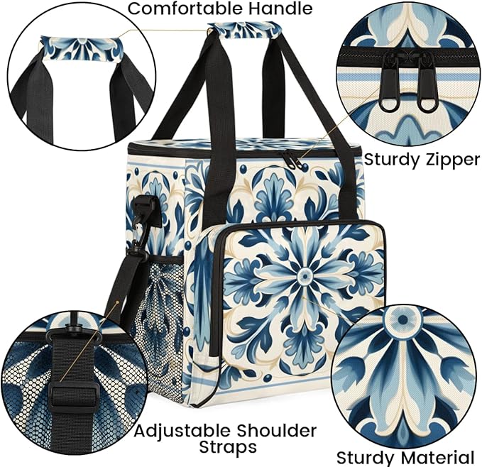 Blue Flower Coffee Maker Travel Bag for Keurig K-Mini/K-Mini Plus Insulated Waterproof Tote with Pockets for K-Cup Portable Single-Serve Brewer Case