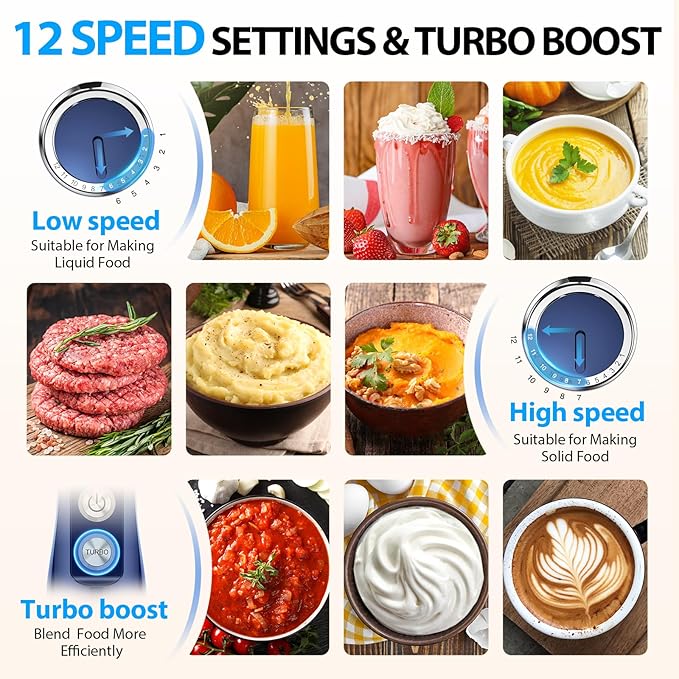 KOIOS Immersion Blender 1000W Anti-scratch 3-in-1 Hand Blender Upgraded 12 Speed Stainless Steel Blade Stick Blender with Turbo Mode Whisk and Milk Frother Non-BPA Blue