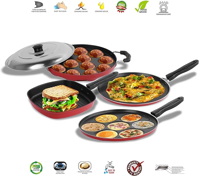 Sumeet 2.6mm Thick Non-Stick Sorrell Cookware set (Dosa Tawa – 26.5cm Dia + Multi snack maker – 26.5cm Dia + Grill Appam Patra With Lid – 23cm Dia + Grill Pan – 1.1Ltr Capacity – 22cm Dia)