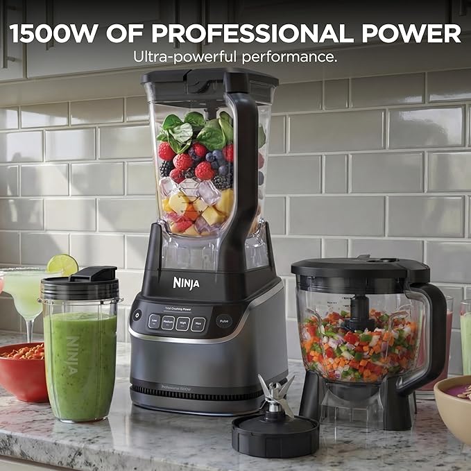 Ninja UltraCrush Professional Kitchen System | 1500W 72oz Full-Size Blender 8-Cup Food Processor &amp 18 oz To-Go Cup | Total Crushing Technology Smoothies Ice Crush Chopping &amp More | Silver