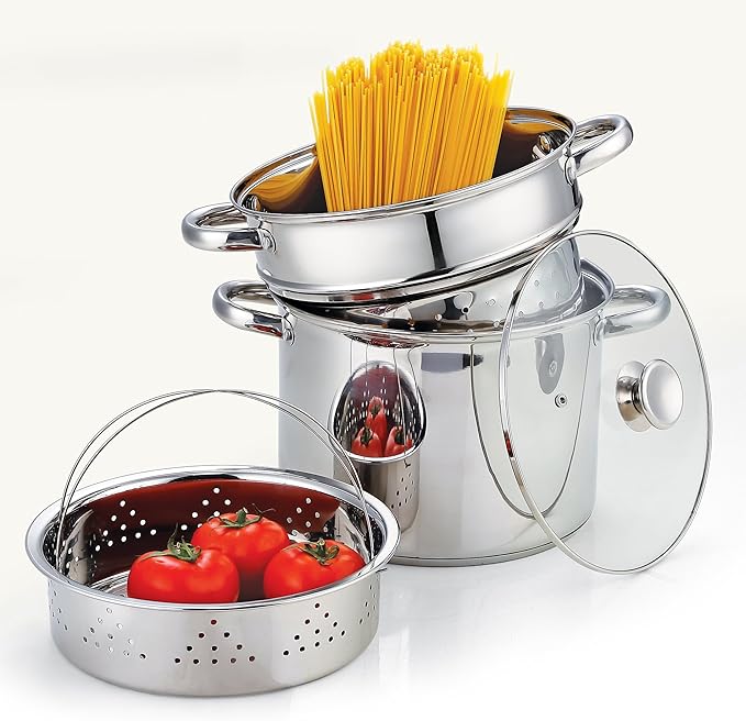 Cook N Home 4-Piece 8 Quart Multipots Stainless Steel Pasta Cooker Steamer and Cook N Home Kitchen Cookware Sets 12-Piece Basic Stainless Steel Pots and Pans Silver